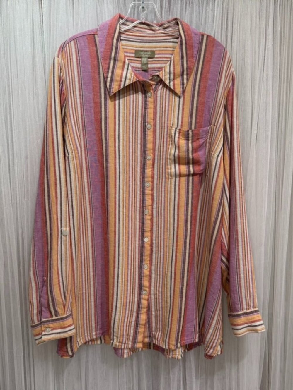 Naturals D&Co Linen Blend Striped Button Front Shirt Women 2X Multicolor Coastal
